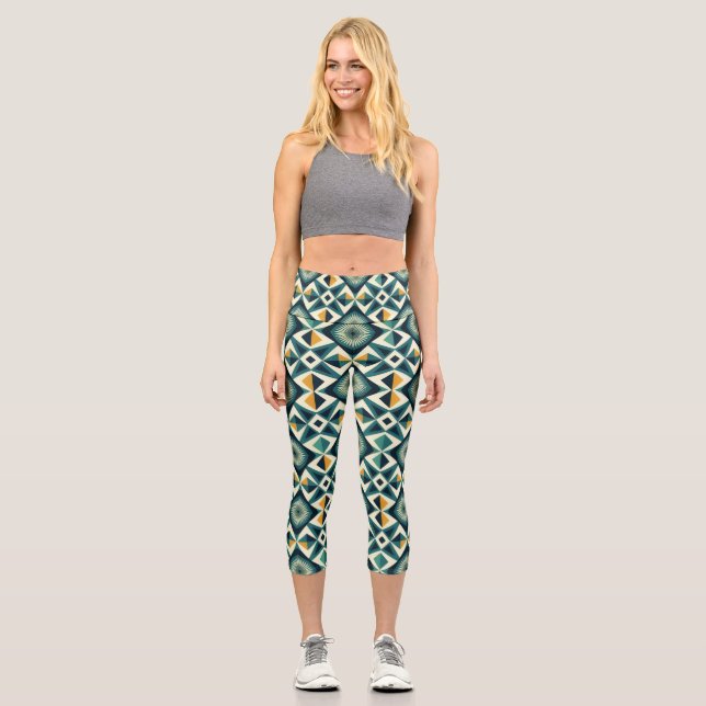 Retro Geometric Mosaic All-Over Print Capri Leggings (Front)