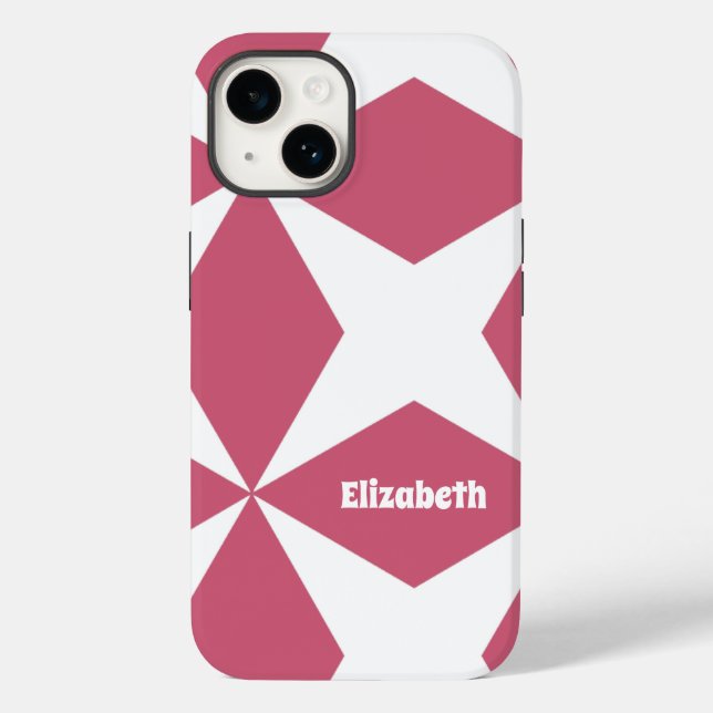 Retro Geometric Pattern Custom Name Pink & White Case-Mate iPhone Case (Back)