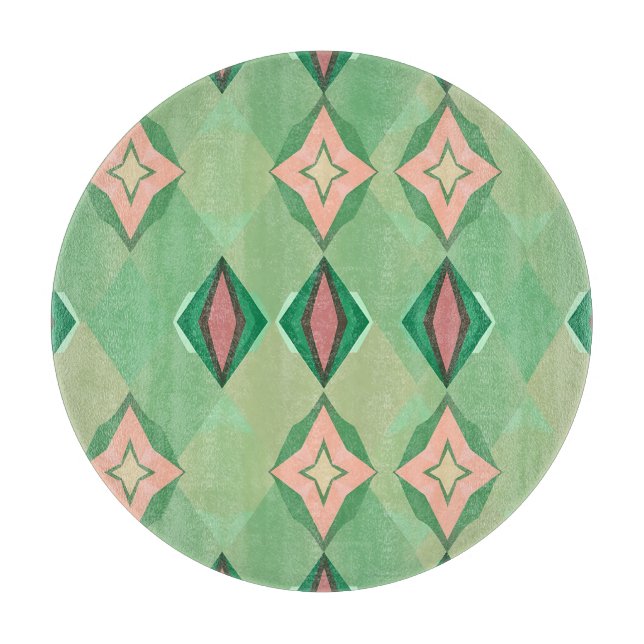 Retro Geometric Pattern Green Pink Diamond Star Cutting Board (Front)