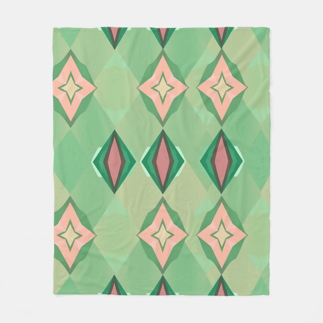 Retro Geometric Pattern Green Pink Diamond Star Fleece Blanket (Front)