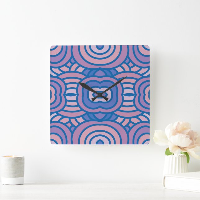 Retro Geometric Pattern in Blue and Pink  Square Wall Clock (Home)
