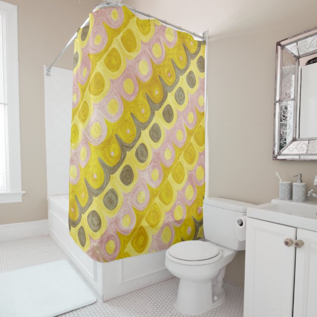 Retro Geometric Pattern in Yellow and Pink Shower Curtain (In Situ)