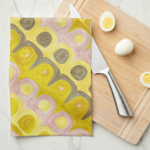 Retro Geometric Pattern in Yellow and Pink Tea Towel
