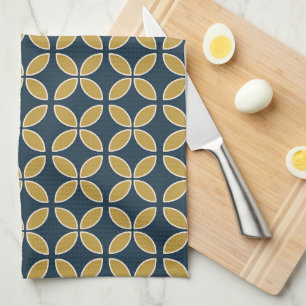 Retro Geometric Pattern Navy, Mustard Tea Towel