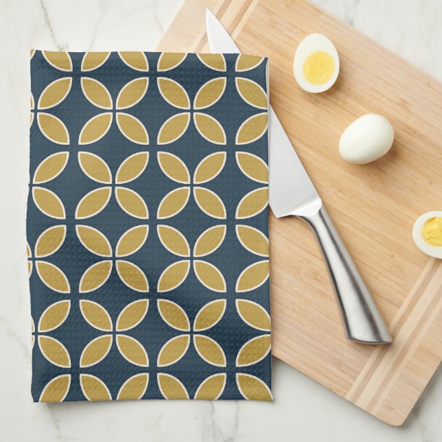Retro Geometric Pattern Navy, Mustard Tea Towel (Quarter Fold)
