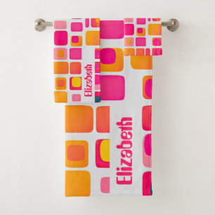 Retro Geometric Pattern of Mid Century Modern Name Bath Towel Set