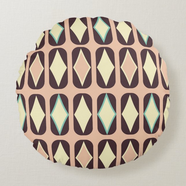 Retro geometric pattern with brown, yellow, blue round cushion (Front)