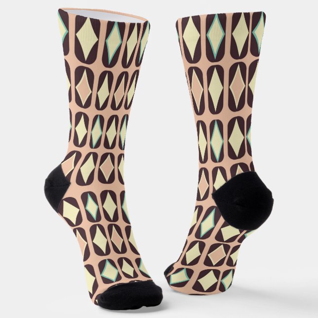 Retro geometric pattern with brown, yellow, blue socks (Angled)