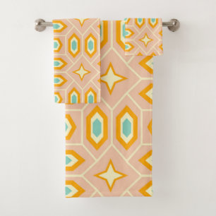 Retro geometric pattern with hexagons and stars bath towel set