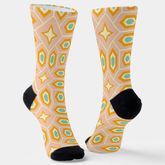 Retro geometric pattern with hexagons and stars socks (Angled)