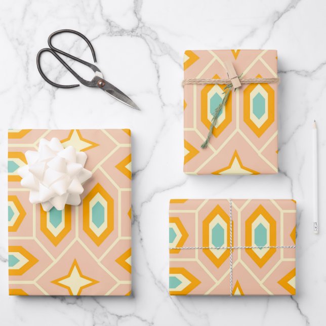 Retro geometric pattern with hexagons and stars wrapping paper sheet (Front)