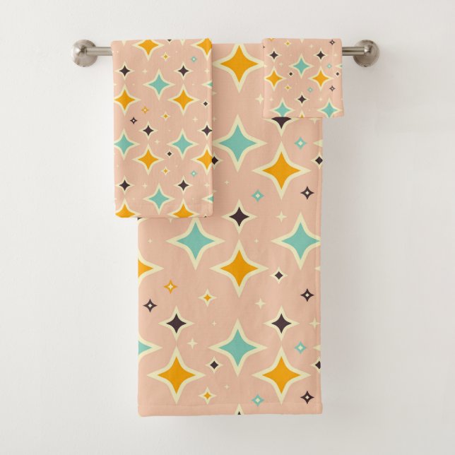 Retro geometric pattern with teal, orange, black bath towel set (Insitu)