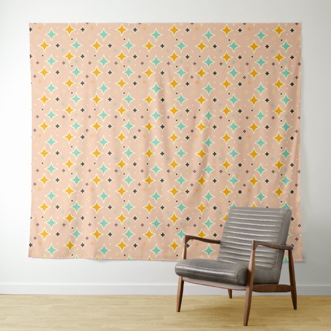 Retro geometric pattern with teal, orange, black tapestry (In Situ (Horizontal))
