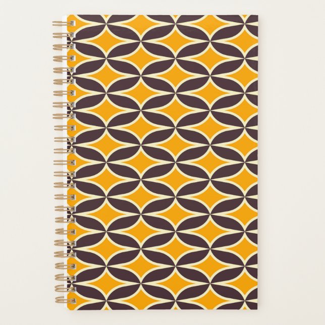 Retro geometric pattern yellow and brown leaf planner (Front)