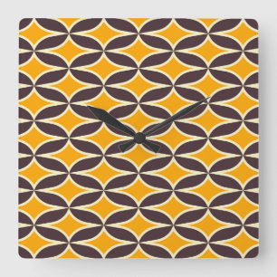 Retro geometric pattern yellow and brown leaf square wall clock