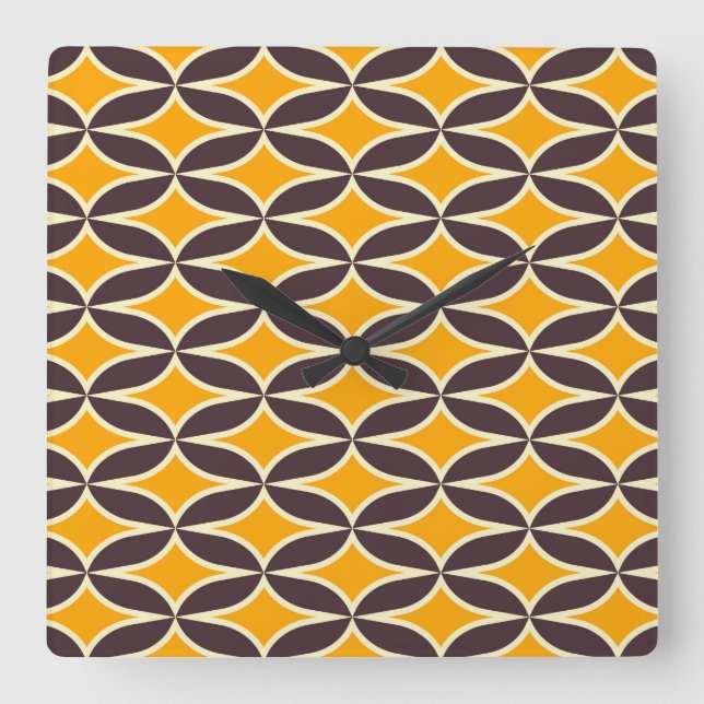 Retro geometric pattern yellow and brown leaf square wall clock (Front)