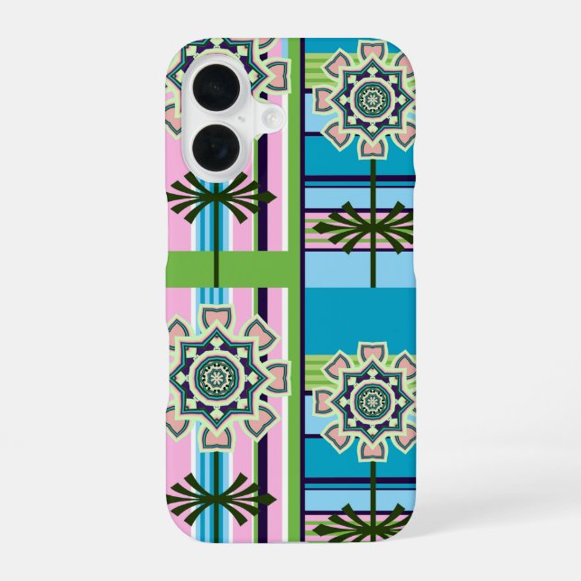 Retro geometric patterns and fantasy flowers iPhone 16 case (Back)