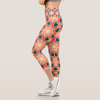 Retro Geometric Peach Blue Pink Pattern Capri Leggings