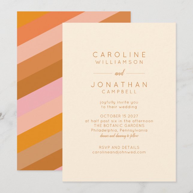 Retro Geometric Pink and Orange Chic Wedding Invitation (Front/Back)