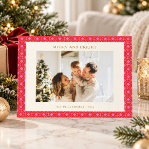 Retro Geometric Pink Merry Bright Christmas Photo Holiday Card