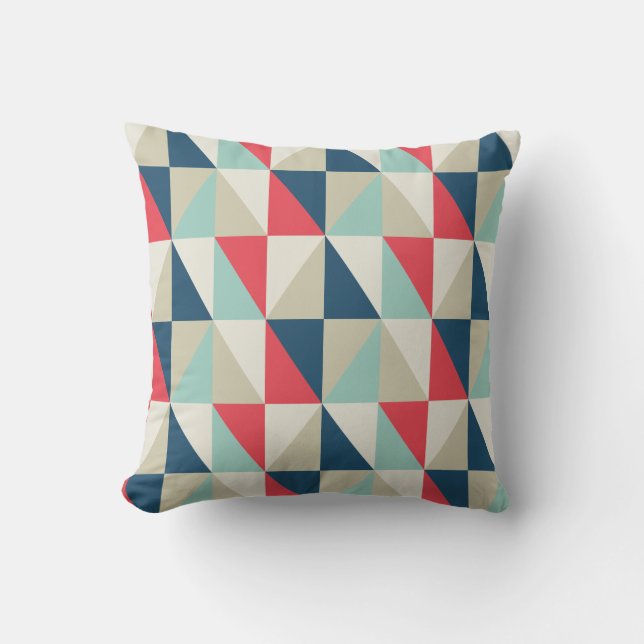 Retro Geometric Red and Blue Triangles Pattern Cushion (Front)