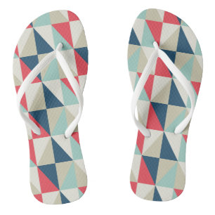 Retro Geometric Red and Blue Triangles Pattern Flip Flops