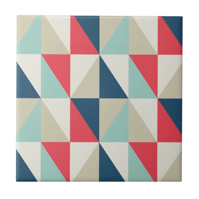 Retro Geometric Red and Blue Triangles Pattern Tile (Front)