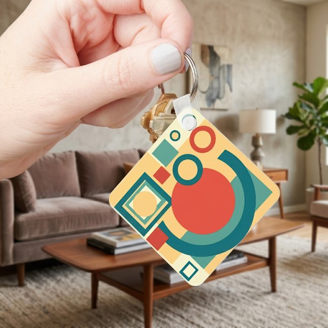 Retro Geometric Risograph Style Abstract Design Key Ring (Retro Geometric Risograph Style Abstract Design. Keychain)