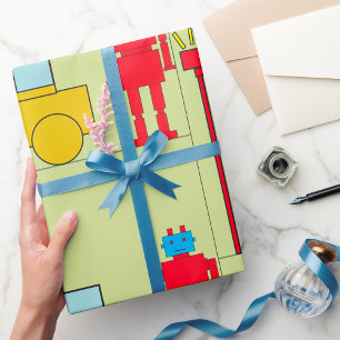 Retro Geometric Robot and Yellow Car Wrapping Paper