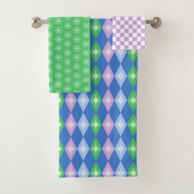 Retro Geometric Scandi Diamonds Blue & Green Bath Towel Set (Insitu)
