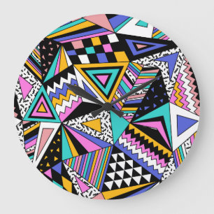 Retro Geometric Shapes: Colourful Vintage. Large Clock