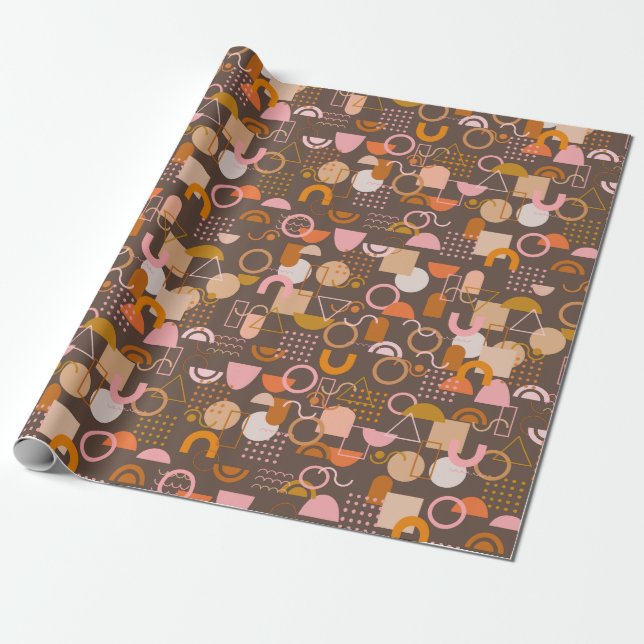 Retro Geometric Shapes in Brown Pink and Orange Wrapping Paper (Unrolled)