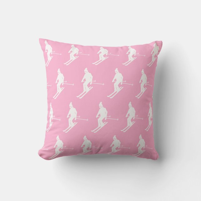 Retro Geometric Skiers Winter Pink White   Cushion (Front)