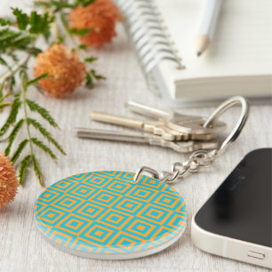 Retro Geometric Square Pattern – Bold Orange Key Ring