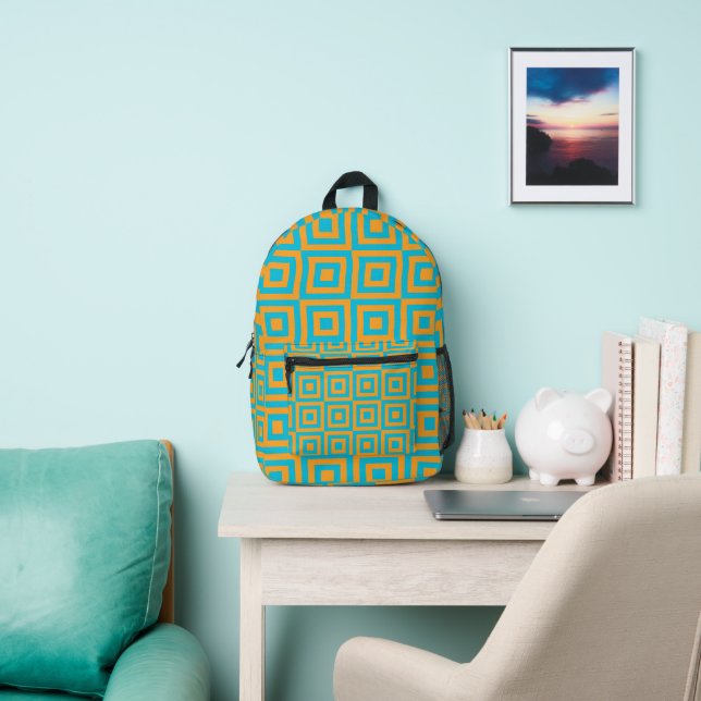 Retro Geometric Square Pattern – Bold Orange  Printed Backpack (Insitu)