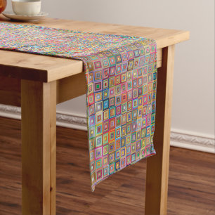 Retro Geometric Square Tile Pattern Short Table Runner