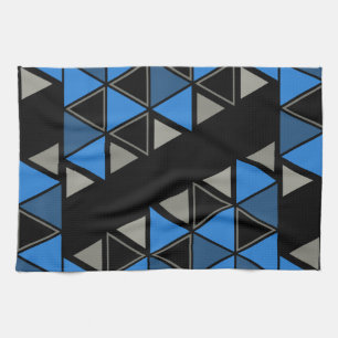 Retro Geometric Triangles Blue Silver Tea Towel