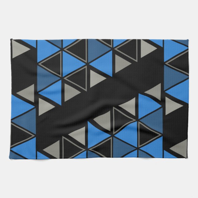 Retro Geometric Triangles Blue Silver Tea Towel (Horizontal)