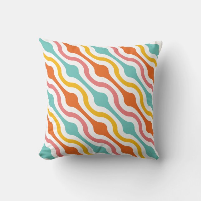 Retro Geometric Waves Orange Pink Turquoise Yellow Cushion (Front)
