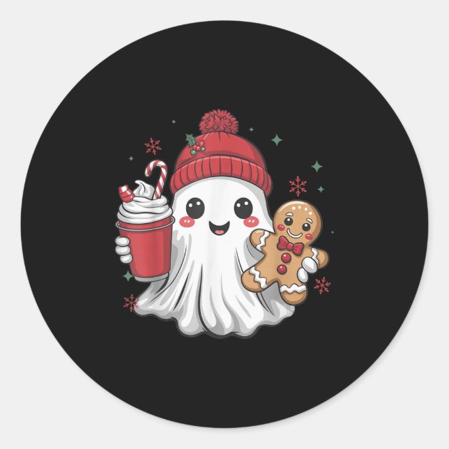 Retro Ghost Beanie Christmas Holiday Xmas Coffee G Classic Round Sticker (Front)