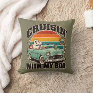 Retro Ghost Car Cruisin' With My Boo Halloween Cushion