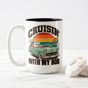 Retro Ghost Car Cruisin' With My Boo Halloween Two-Tone Coffee Mug