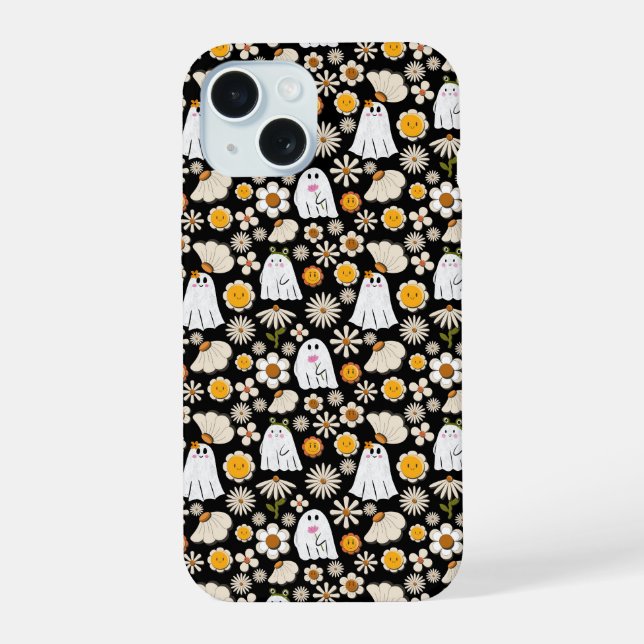 Retro Ghost Flowers Halloween Seamless Pattern iPhone 15 Case (Back)