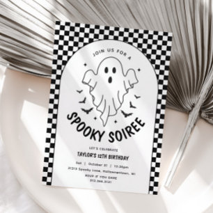 Retro Ghost Halloween Black & White Birthday Invitation
