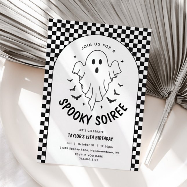 Retro Ghost Halloween Black & White Birthday Invitation (Ghost Retro Halloween Invitation)