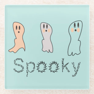 Retro Ghost Hand Lettering Spooky Blue Glass Coaster