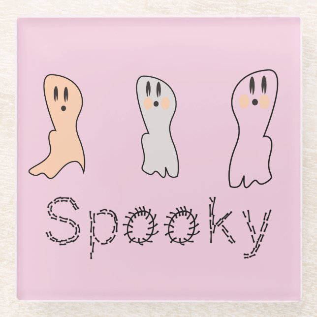Retro Ghost Hand Lettering Spooky Pink Glass Coaster (Front)