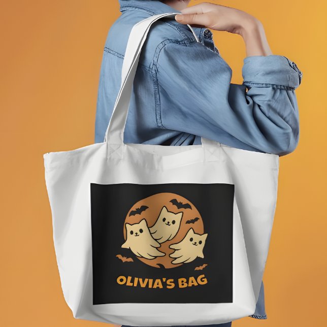 Retro Ghost Kittens Moon Personalised Halloween Tote Bag (Creator Uploaded)