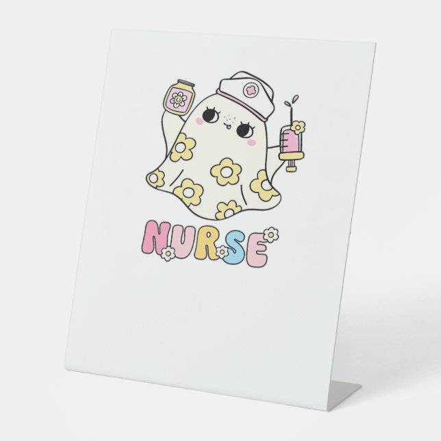 Retro Ghost Nurse Halloween Design Classic T-Shirt Pedestal Sign (Front)