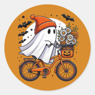 Retro Ghost on Bicycle Halloween Classic Round Sticker